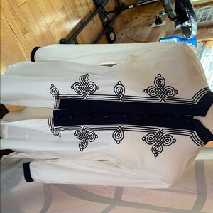 White and Navy Embroidered Kimono Button-Up Shirt